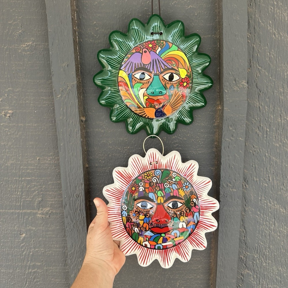 Set 2 Mexican Sun Art Wall hanging Painted Terracotta Celestial Village Talavera